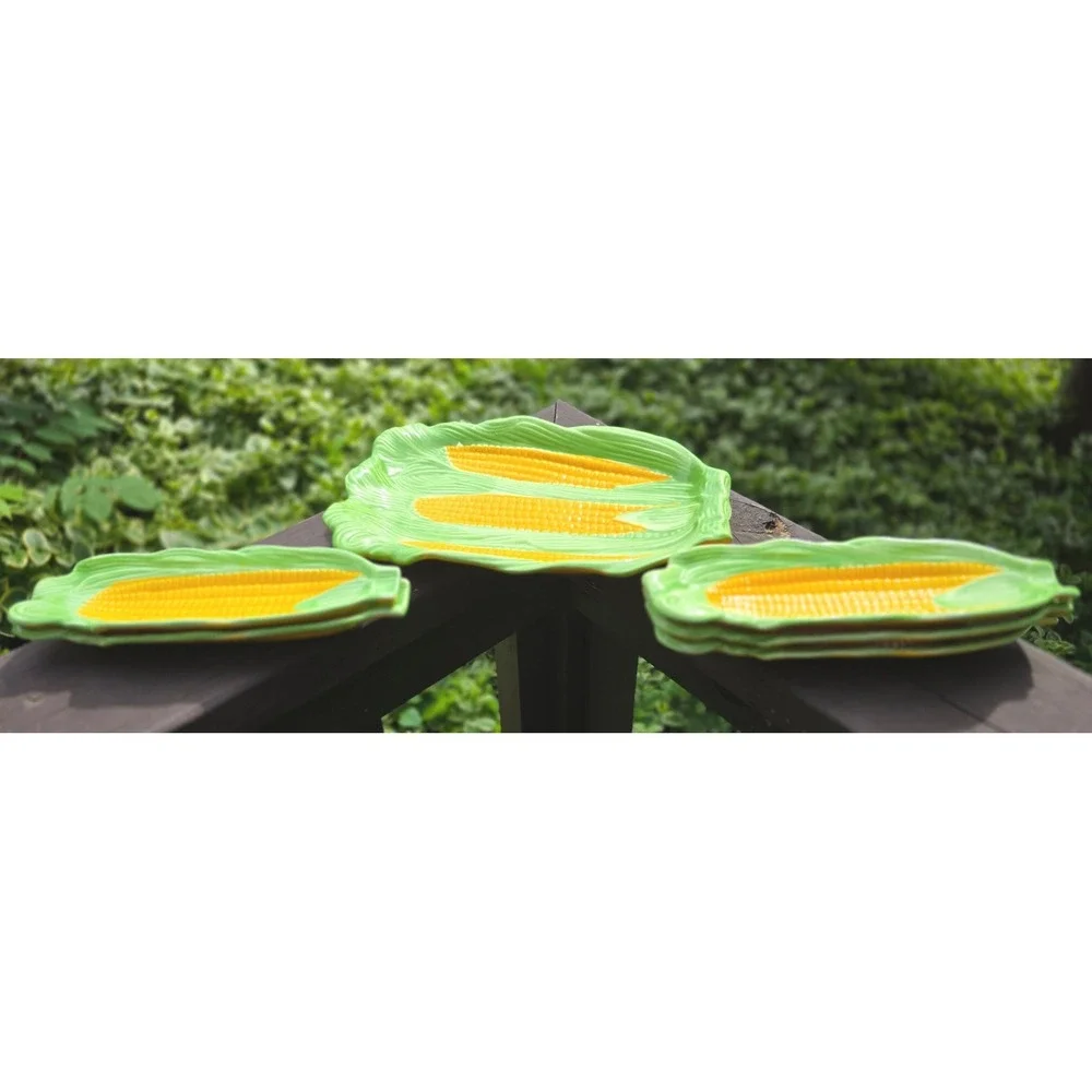 Vtg Mid Century Majolica Ceramic Corn on the Cob Serving Dish Set Japan (6 Pc)